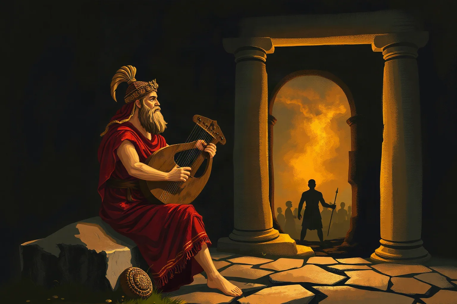 Illustration of an ancient Greek musician playing a lyre at the dark gates of the underworld