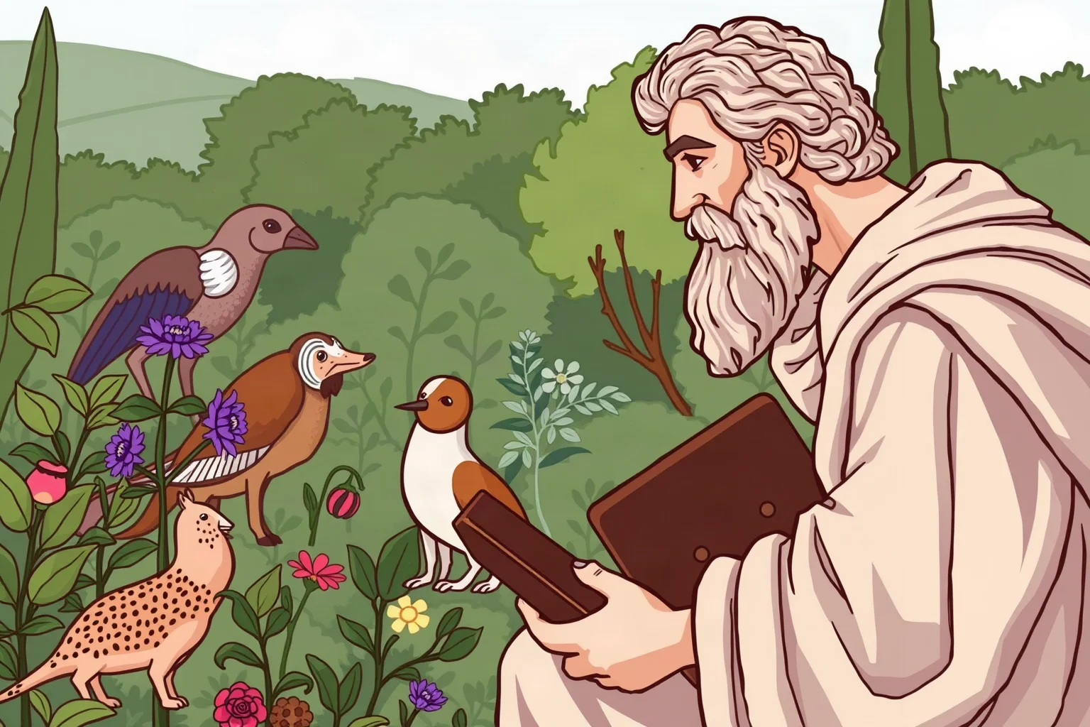 Illustration of an ancient Greek philosopher observing plants and animals in a garden, holding a wax tablet, historical style