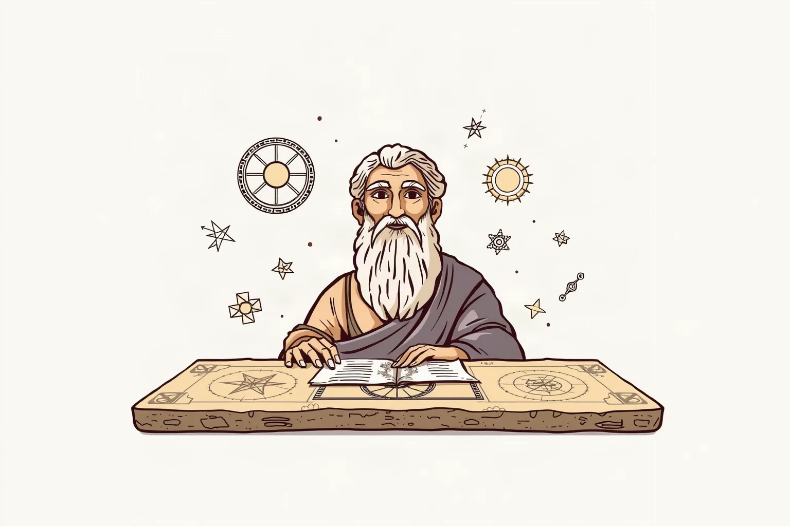 Illustration of an ancient Greek scholar surrounded by geometric shapes and star charts on a stone tablet
