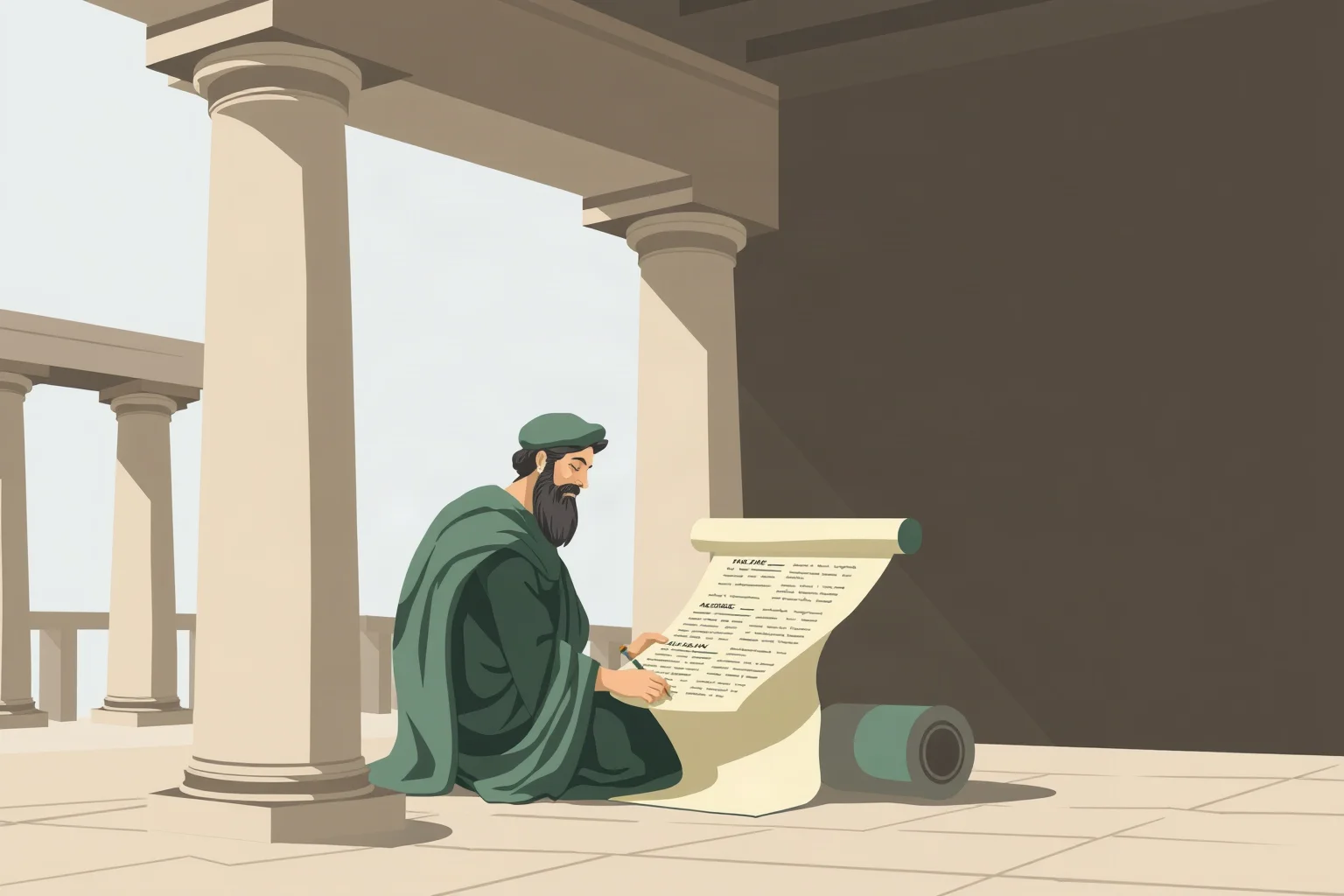 Illustration of an ancient Greek scholar writing on a scroll inside a columned academy, soft classical color palette
