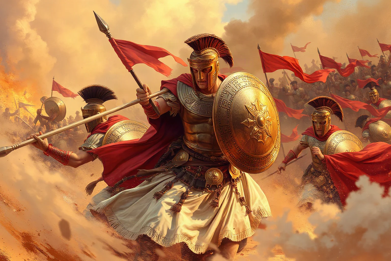 Illustration of an ancient Greek warrior in bronze armor charging with a spear amid chaos of battle