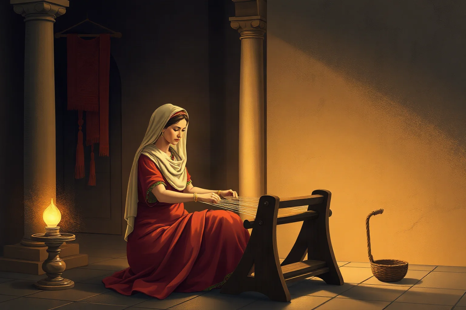 Illustration of an ancient Greek woman weaving cloth by lamplight inside a quiet palace room