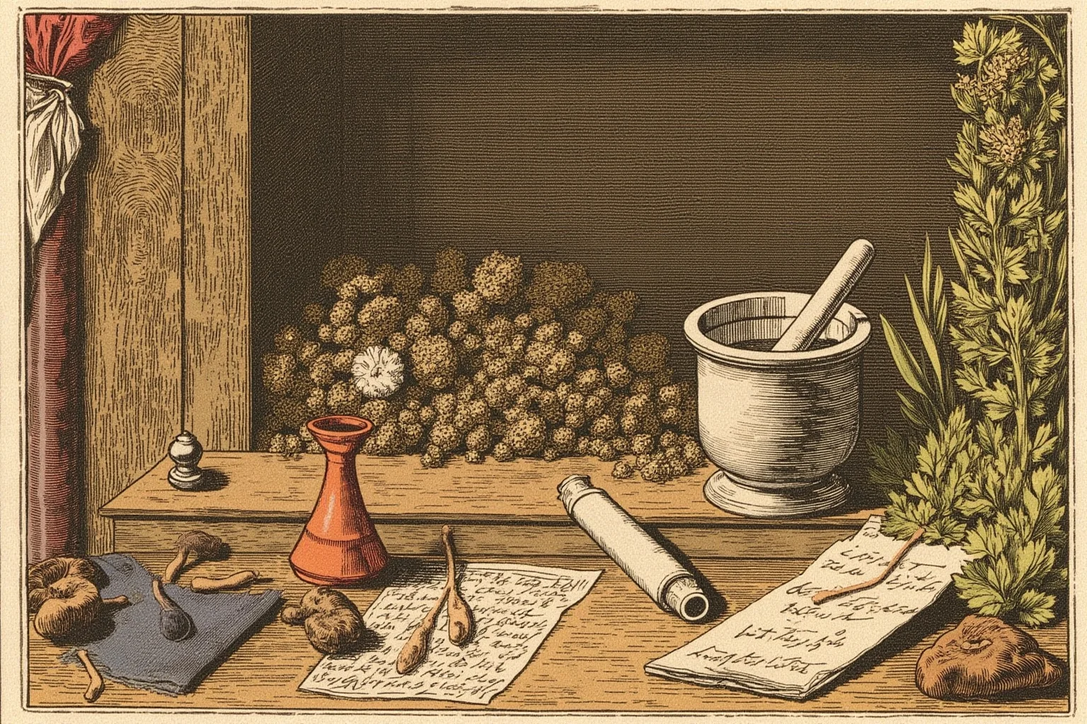 Illustration of an ancient herbal apothecary scene with mortar, pestle, dried plants, and scrolls