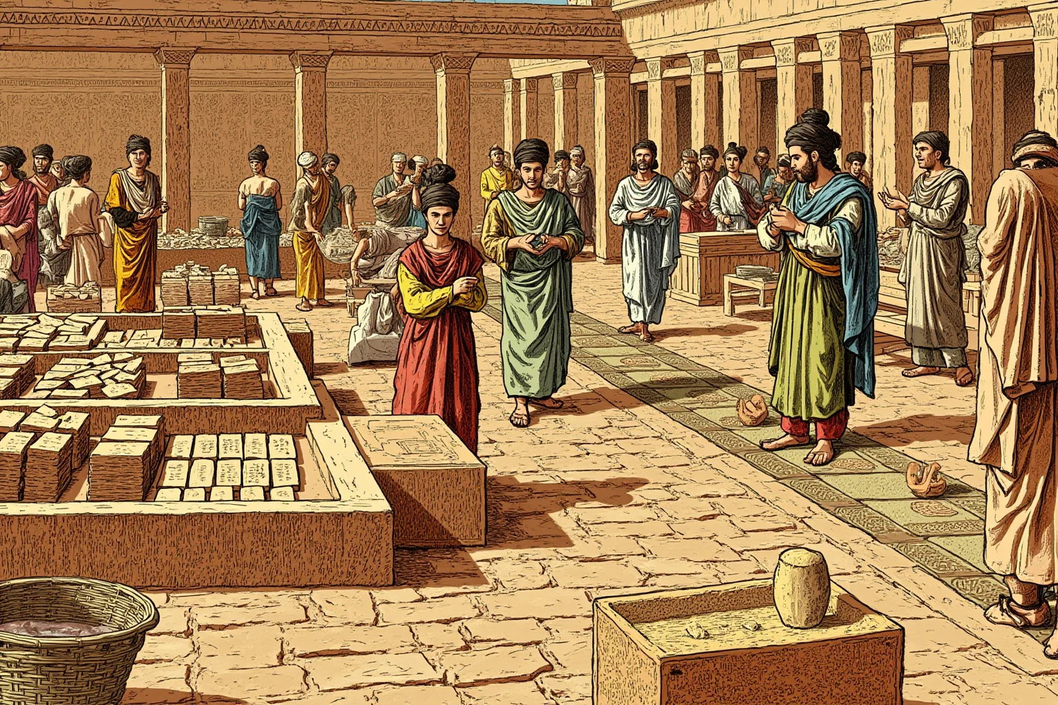 The Role of Markets and Bazaars in Ancient Economies 4 Illustration of an ancient Mesopotamian marketplace with clay tablets and merchants trading goods