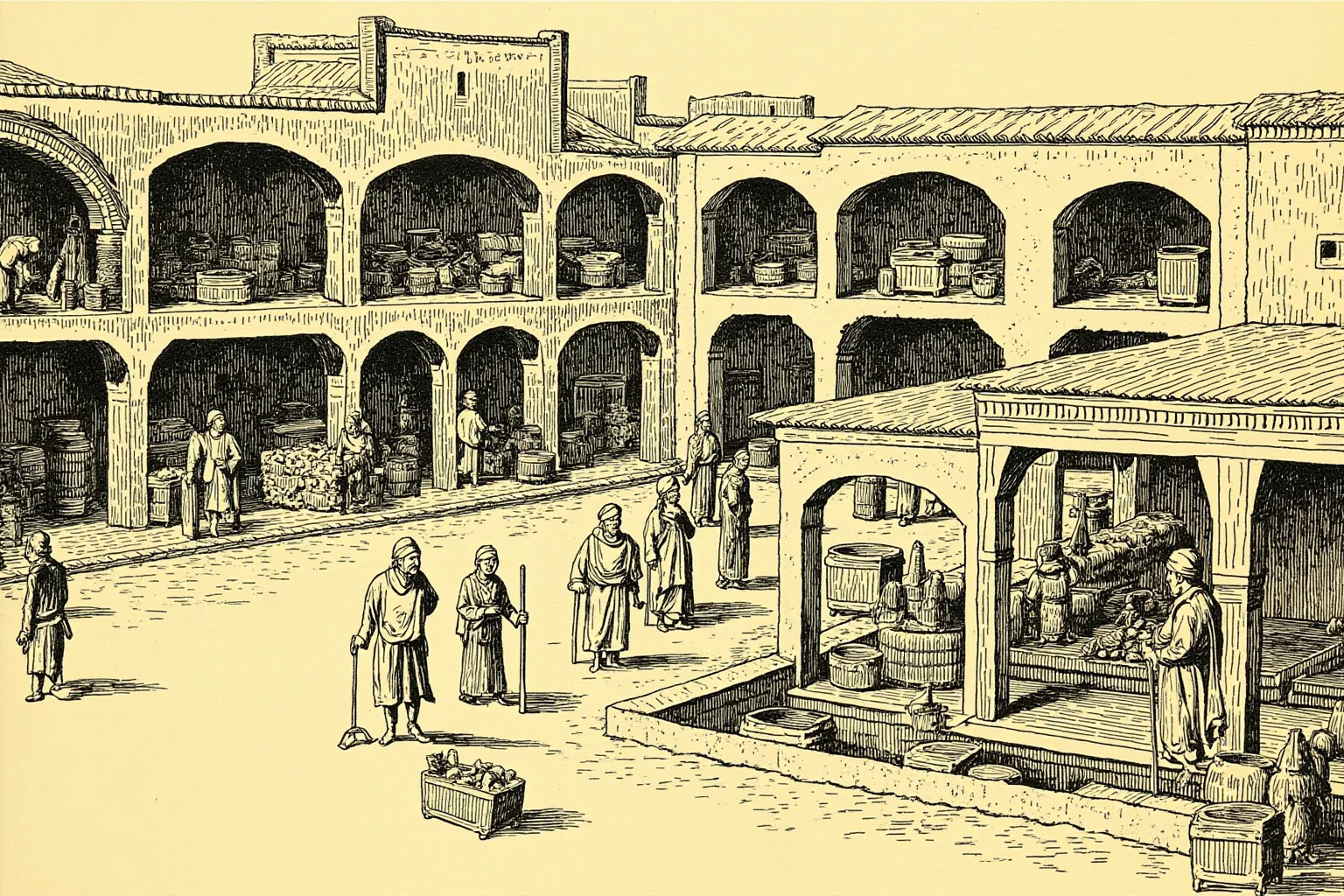 The Role of Markets and Bazaars in Ancient Economies 8 Illustration of an ancient Persian covered bazaar with arched stalls and traders