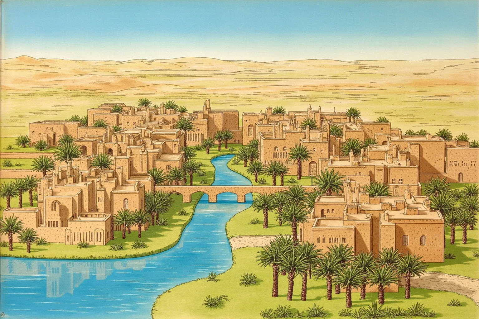 Illustration of an ancient Persian-era city beside a river with palm groves and mudbrick architecture