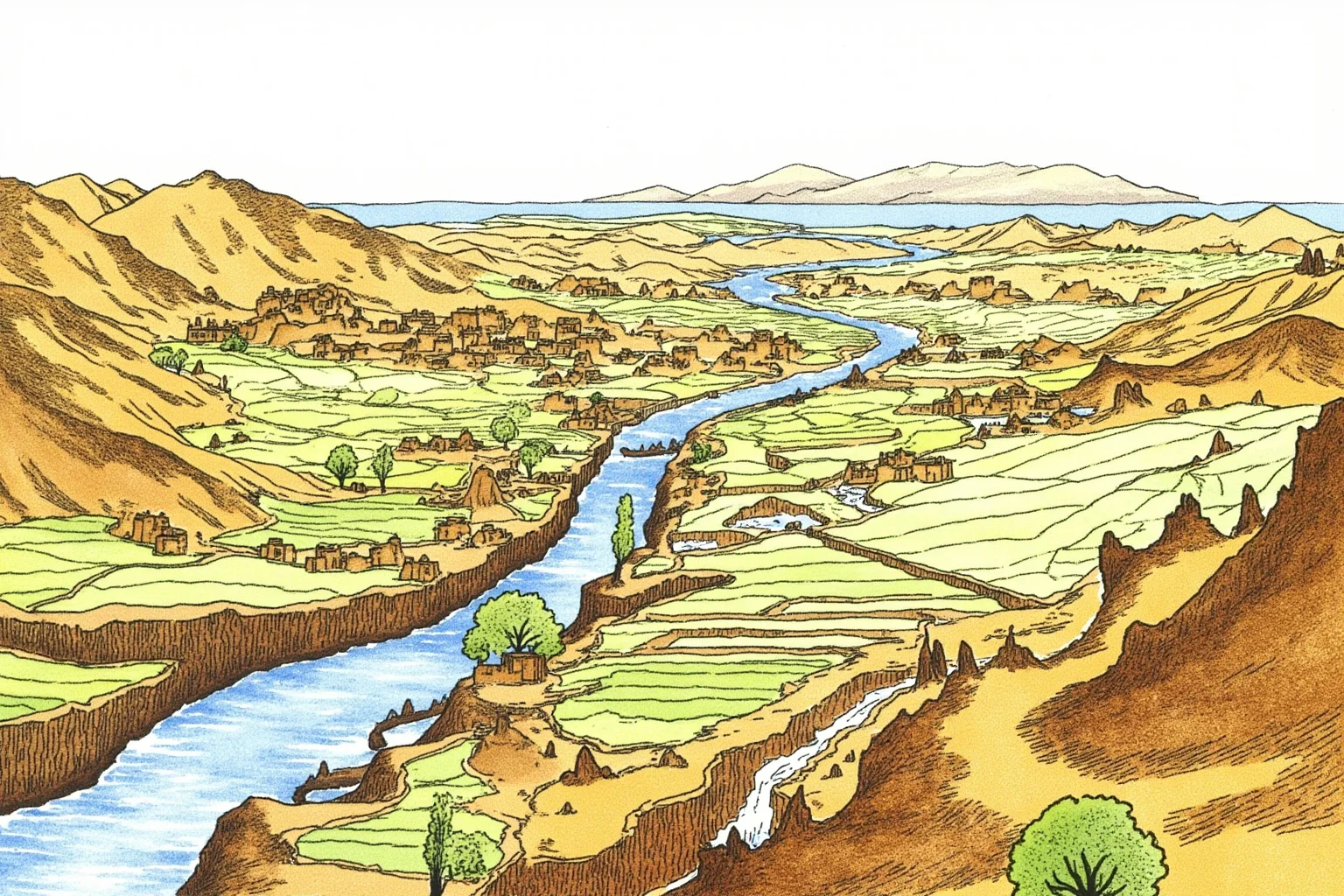 Illustration of an ancient Peruvian coastal valley with adobe structures and irrigation canals near a river
