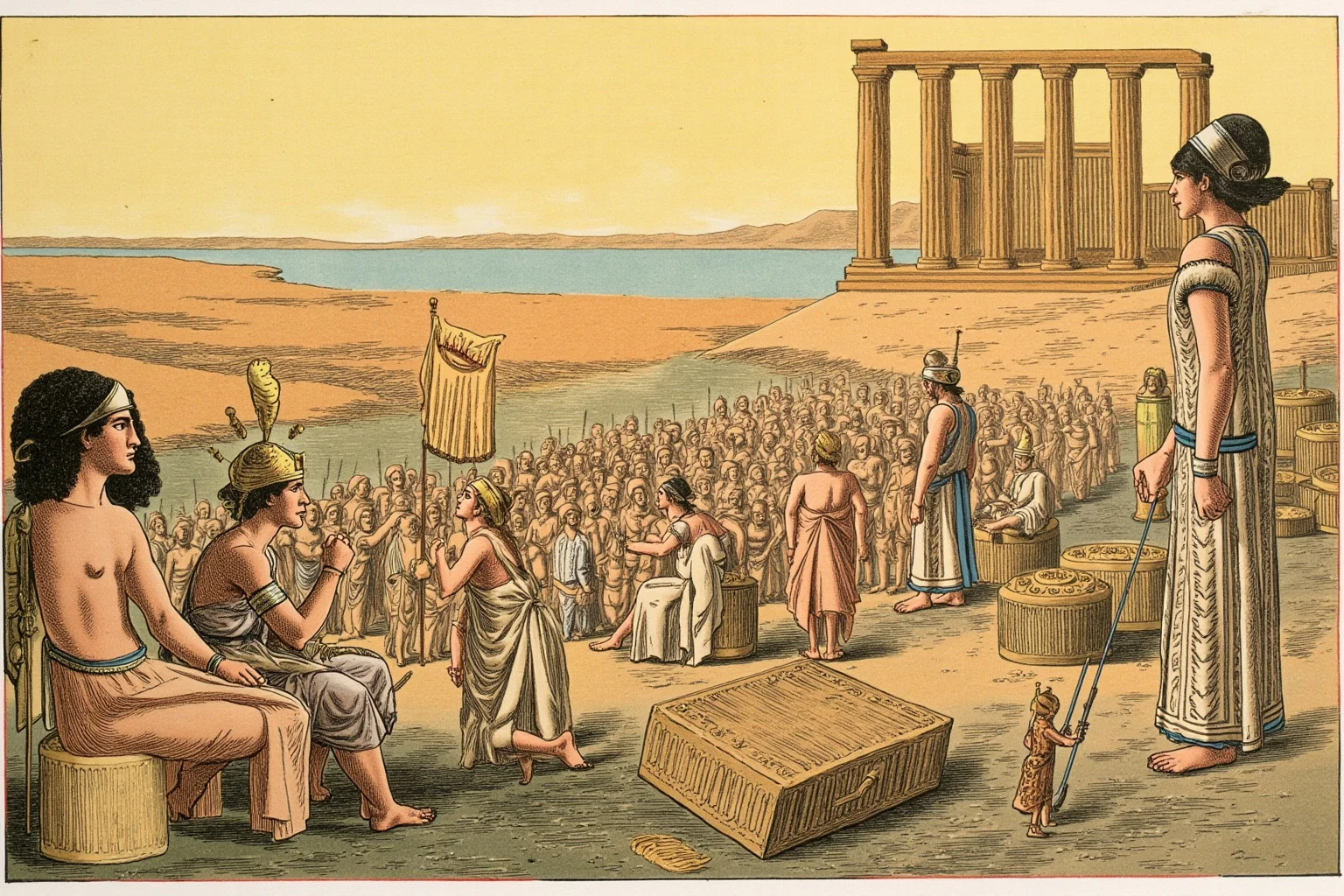 It's In The Name: Why Alexander The Great Is Considered History's Greatest General 11 Illustration of an ancient pharaoh's coronation ceremony beside the Nile River with temple columns in the background