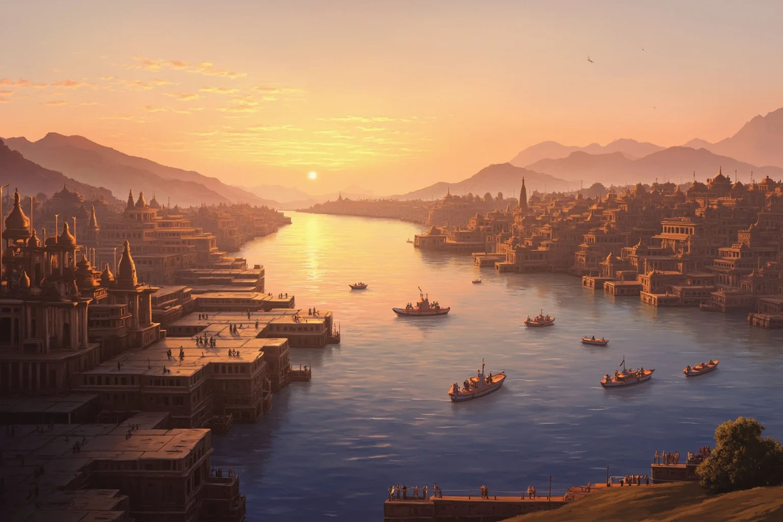 Illustration of an ancient riverside city with stone ghats, temples, and boats along a wide river at dawn