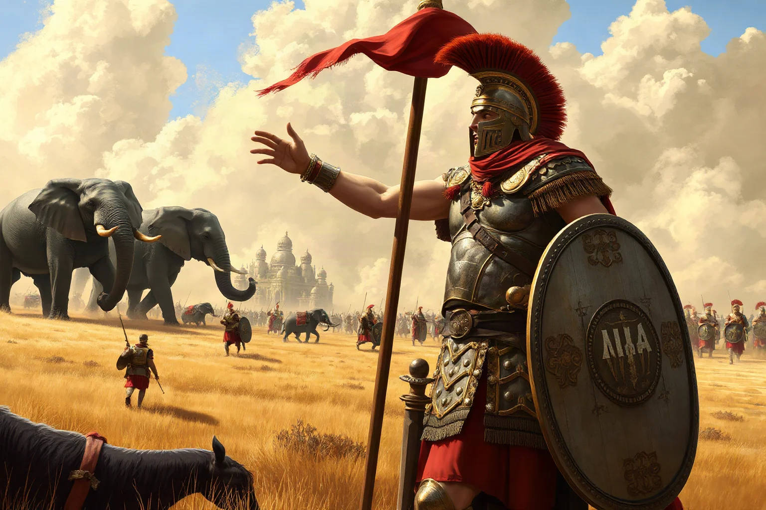 Illustration of an ancient Roman general in armor commanding troops on a battlefield with elephants in the distance