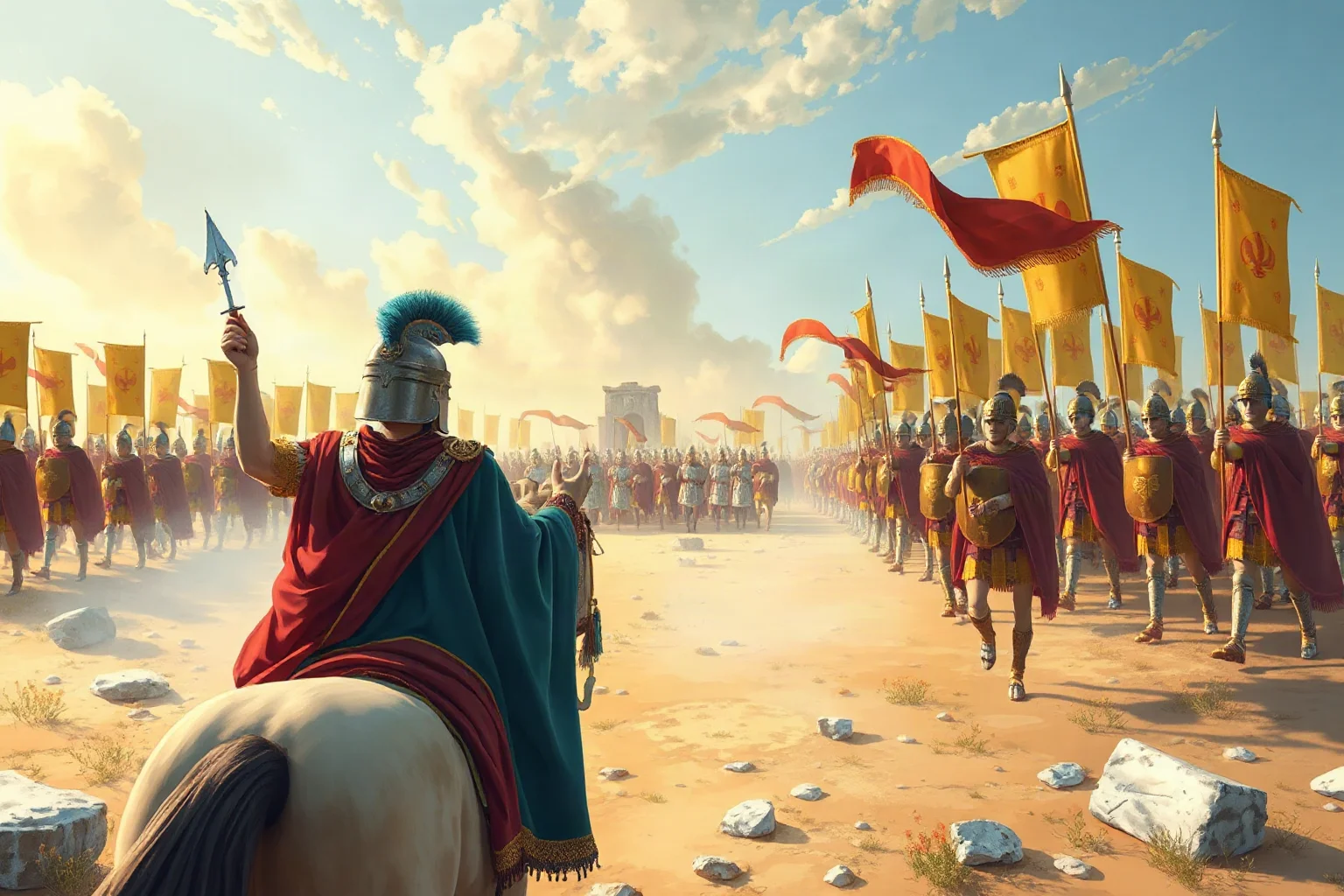 Illustration of an ancient Roman general on horseback before marching legions, banners and a stone battlefield