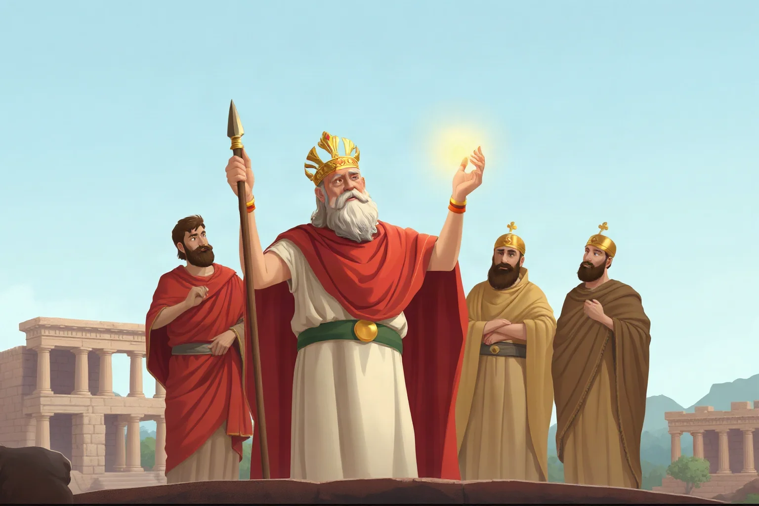 Illustration of an ancient Roman king in robes performing a religious ceremony with priests, early Rome setting
