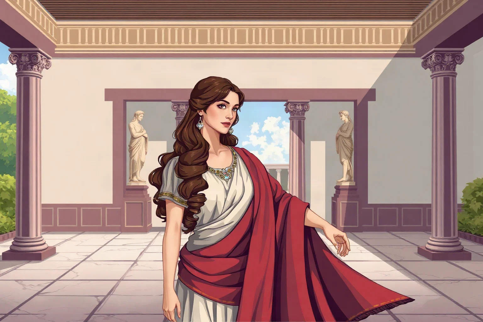 Illustration of an ancient Roman noblewoman in a marble villa courtyard, statues in background
