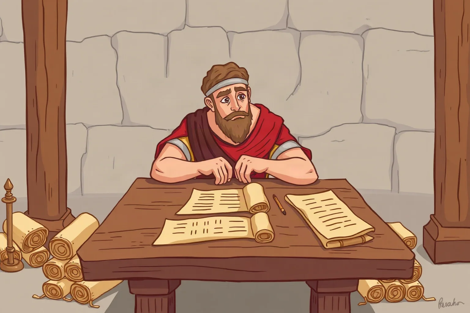 Illustration of an ancient Roman poet writing at a wooden desk surrounded by scrolls