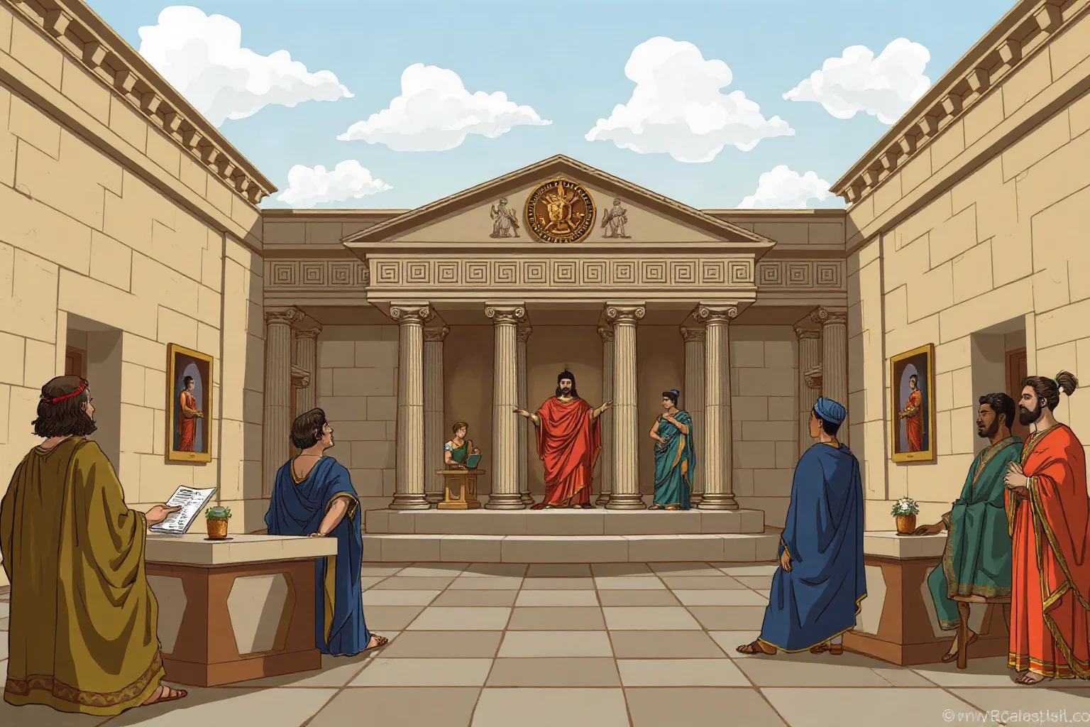 Illustration of an ancient Roman senate chamber with togate figures in debate