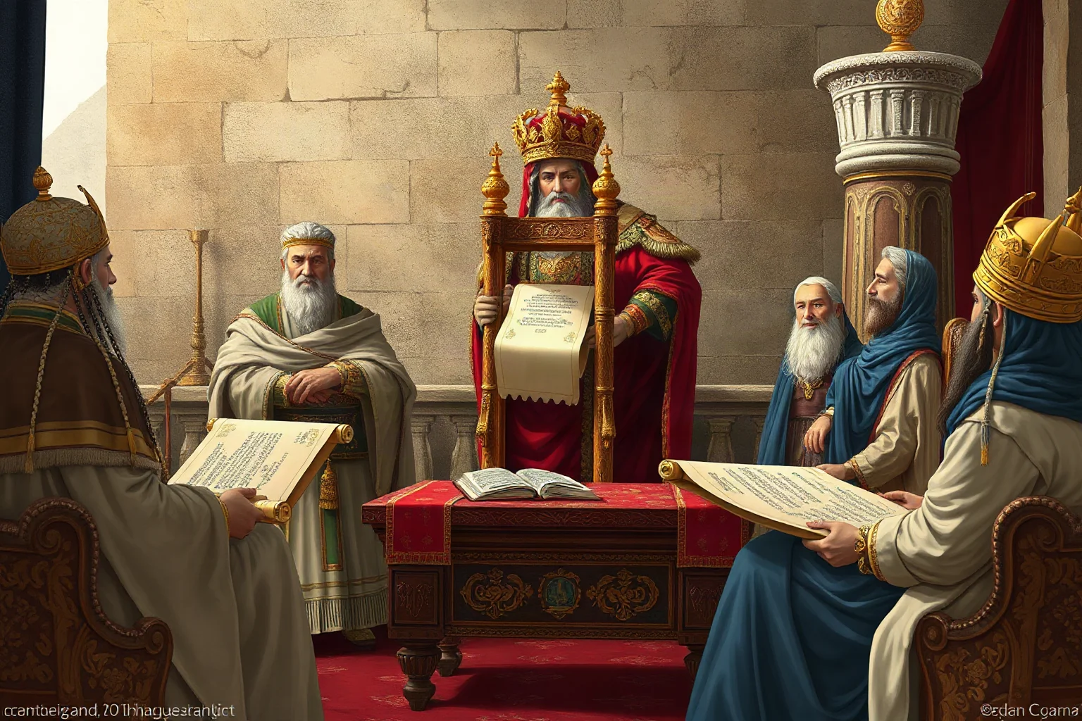 Illustration of an ancient royal court scene with scrolls and multiple language texts representing multilingual diplomacy