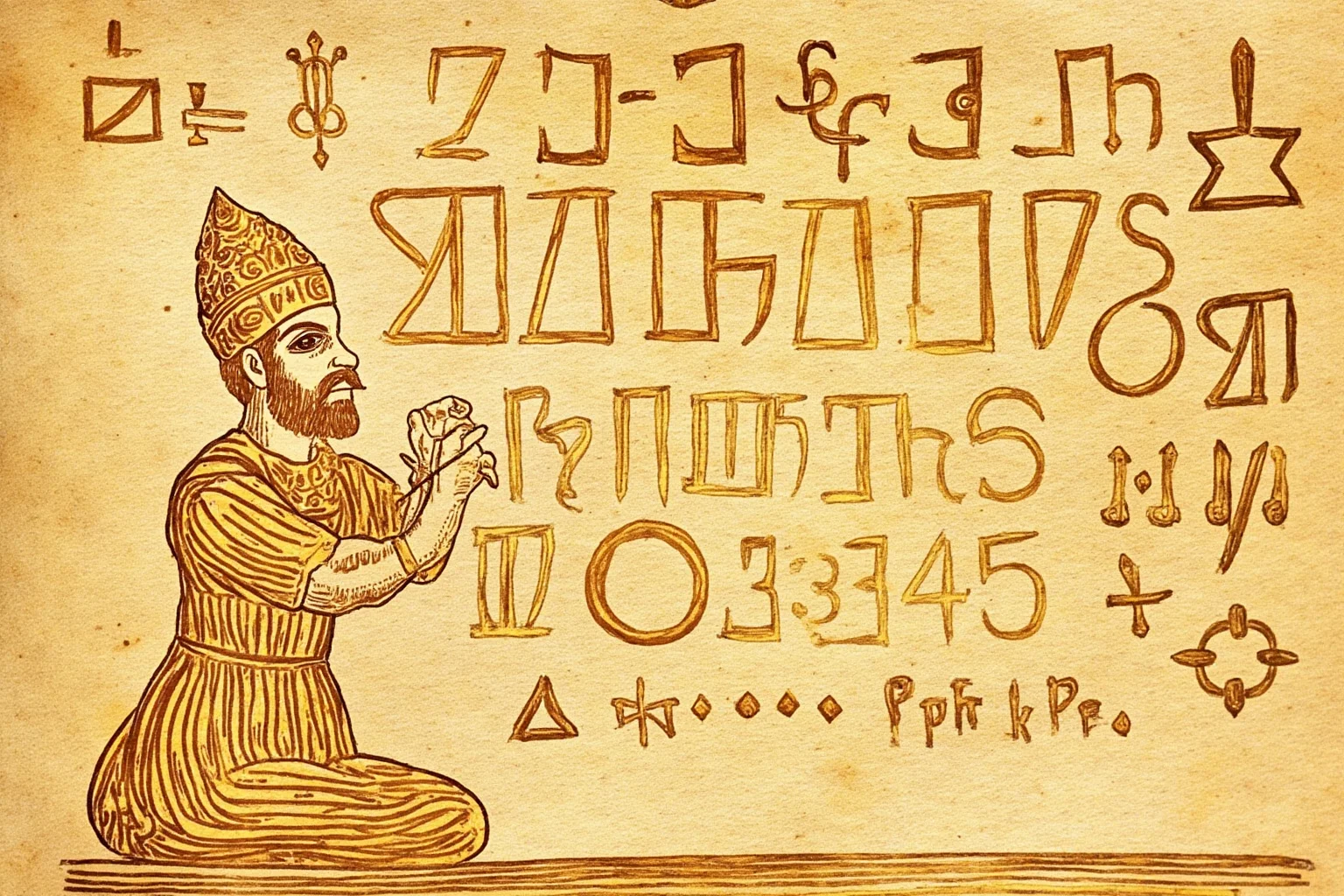 Illustration of an ancient scholar writing numerals including a zero symbol on a palm-leaf manuscript