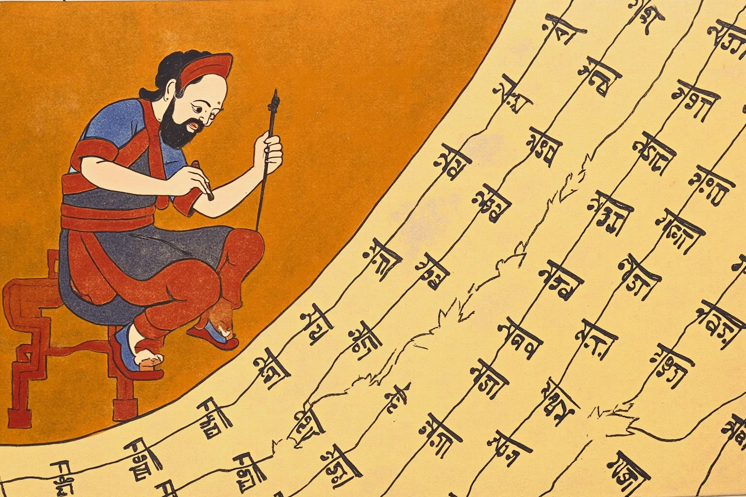 Illustration of an ancient scribe carefully inscribing Sanskrit script onto a palm-leaf manuscript