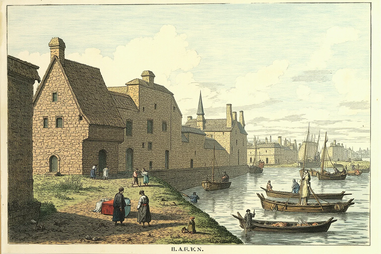 Illustration of an ancient stone dockyard beside a calm river, with simple boats and traders in period clothing