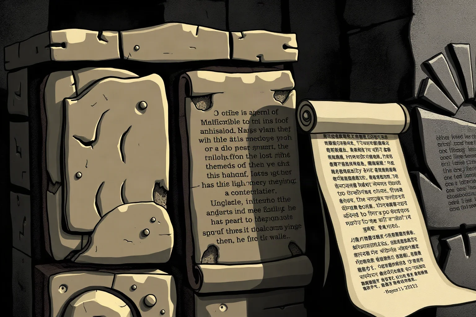 Illustration of an ancient stone tablet and scroll archive, symbolizing lost or unreliable historical records