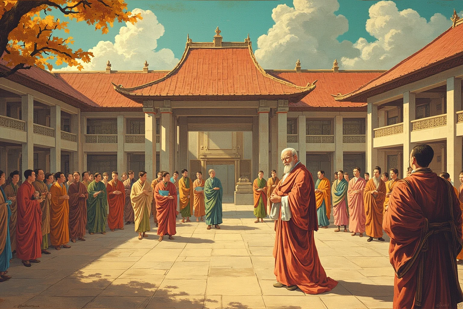 Illustration of an ancient university courtyard with monks and students gathered around teachers