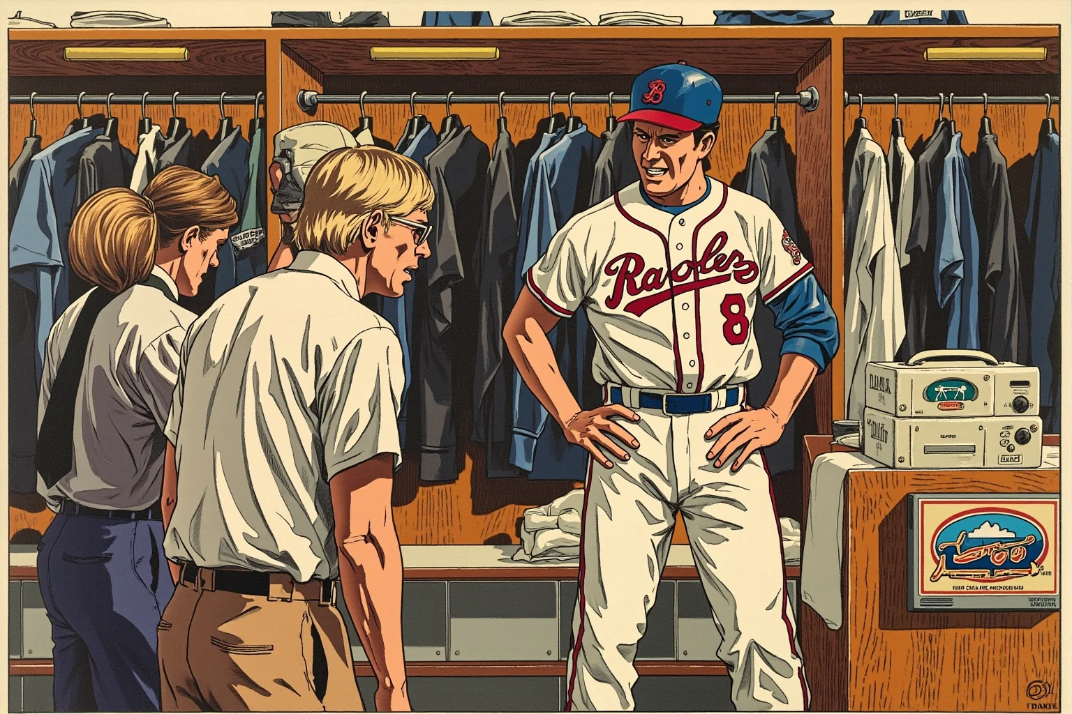 Worst Baseball Players Of All Time: 20 Infamous MLB Legends Everyone Remembers 7 Illustration of an angry 1980s baseball player arguing with a reporter in a locker room