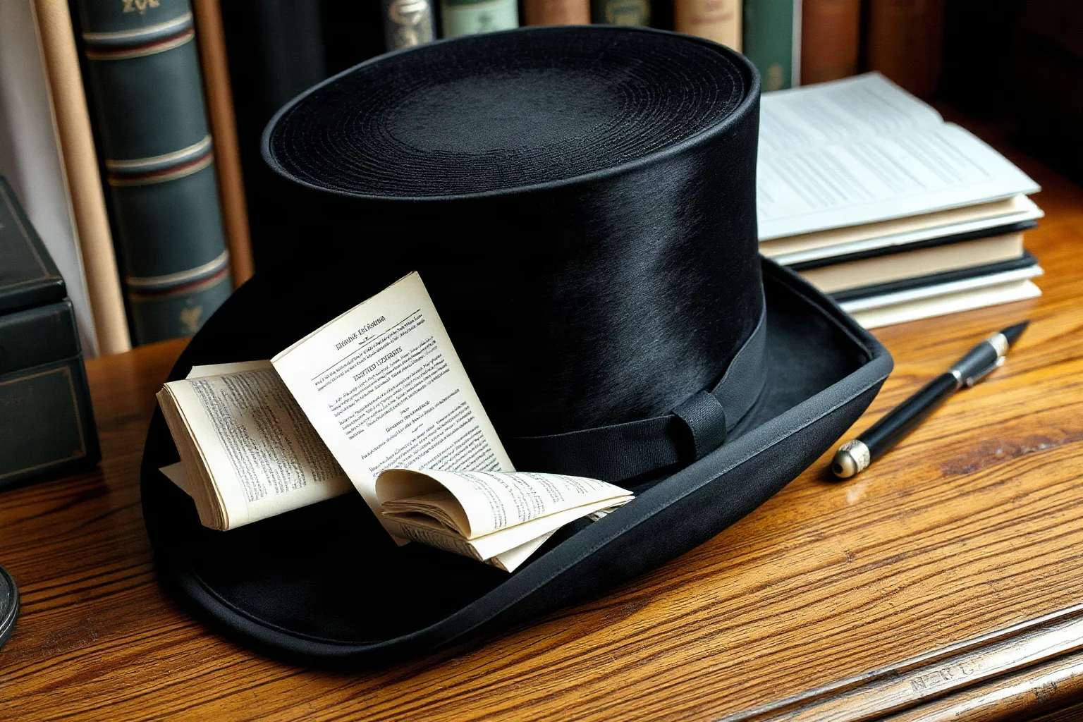 Illustration of an antique black stovepipe top hat with papers tucked into its lining, on a wooden desk