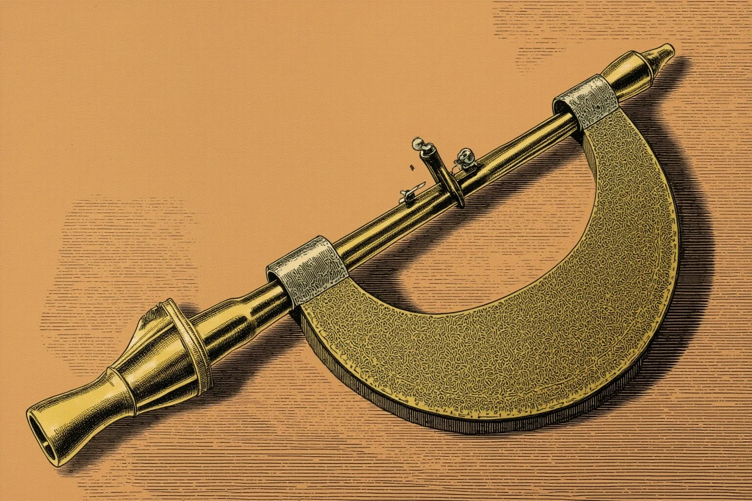 The Worst Inventions of All Time, Ranked 18 Illustration of an antique brass head-measuring caliper device on a wooden desk, 19th-century style