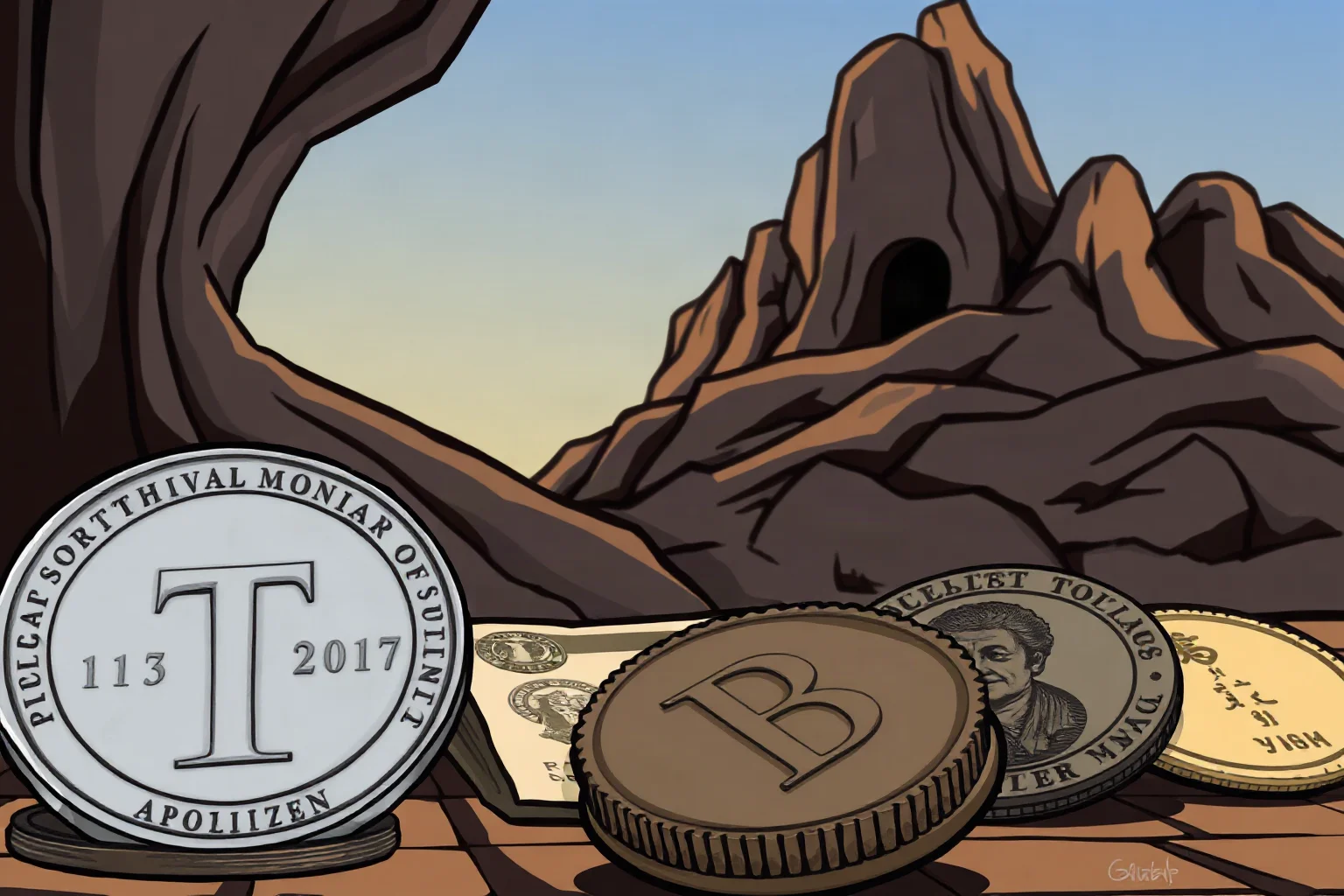 Illustration of an antique coin and paper currency arranged beside a carved mountain monument in the distance