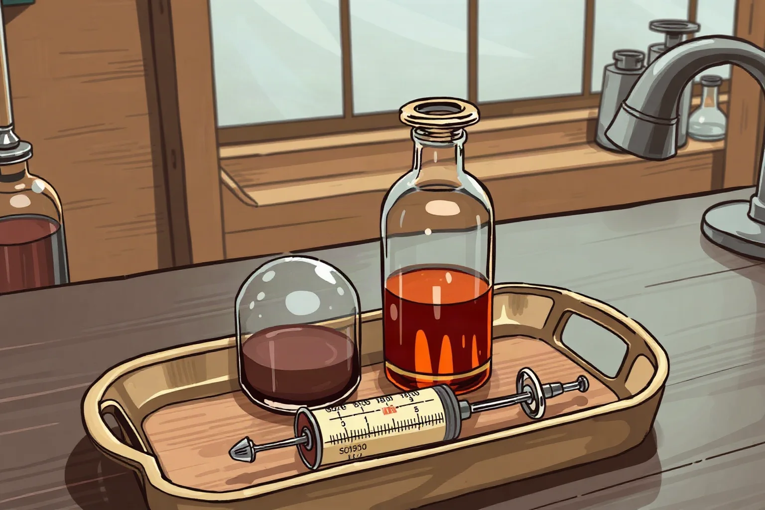 Illustration of an antique glass medical vial and syringe on a tray in a 1920s laboratory setting