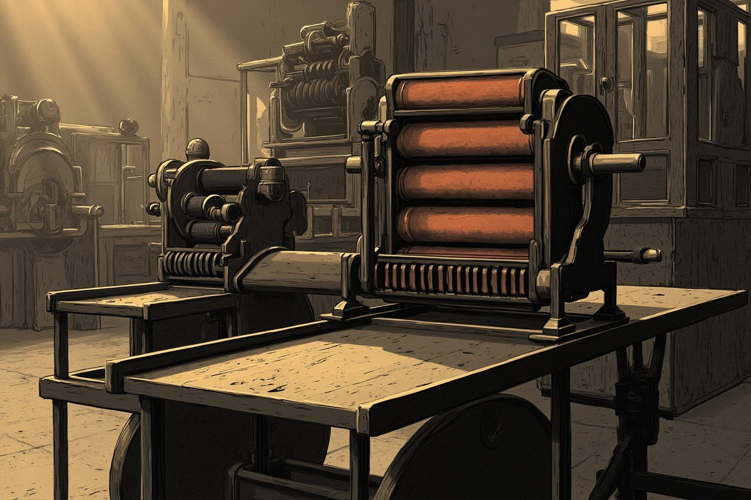 The Worst Inventions of All Time, Ranked 12 Illustration of an antique mechanical cigarette rolling machine in a dusty factory setting