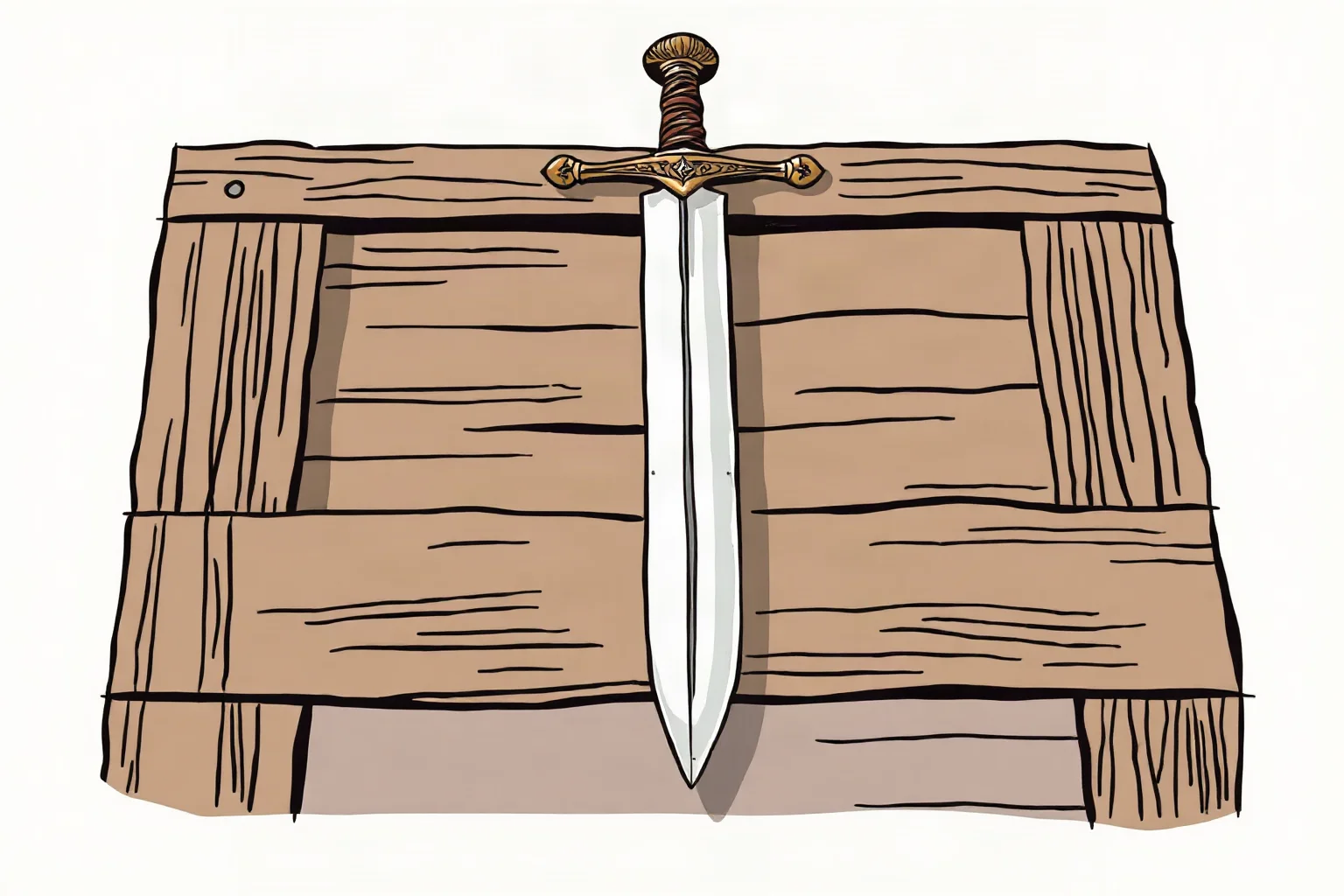Illustration of an antique quill pen resting beside a crossed sword on an old wooden table