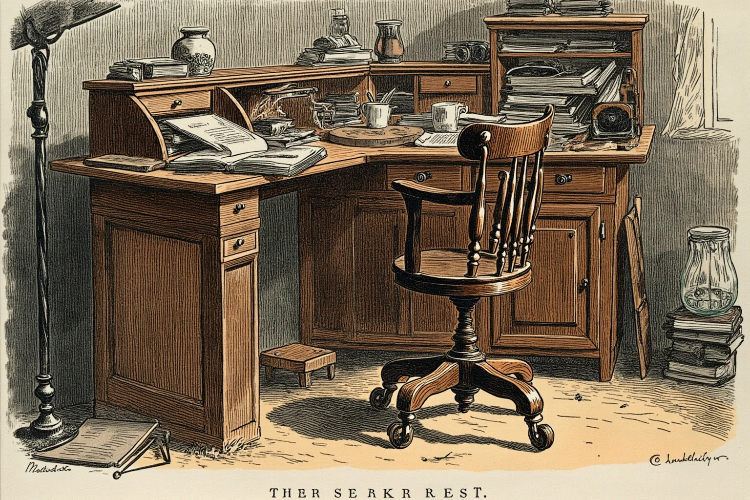 Illustration of an antique wooden desk chair fitted with small wheels in a cluttered study