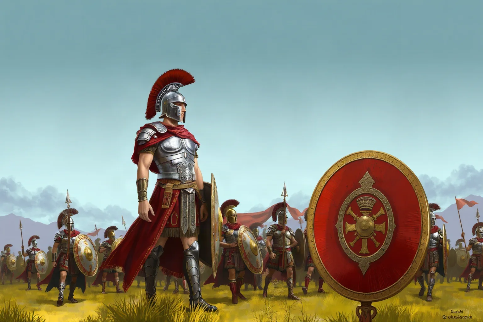 Illustration of an armored ancient Greek warrior with a plumed helmet and shield, standing on a battlefield