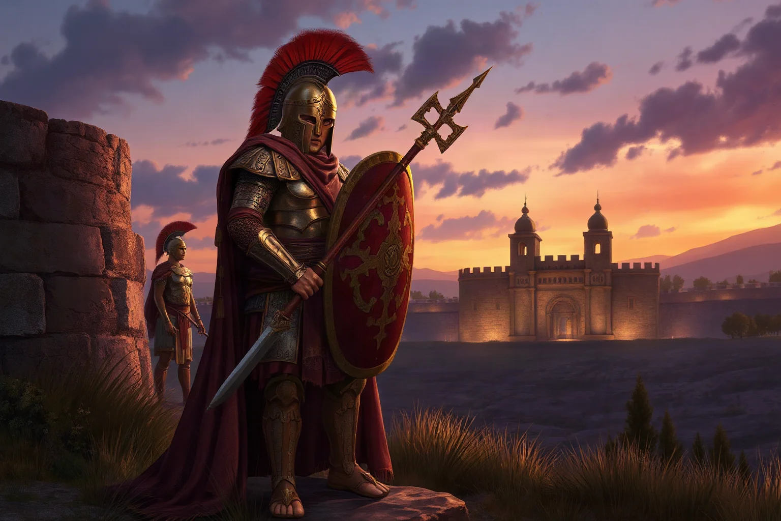 Illustration of an armored Trojan defender standing bravely before city walls at dusk