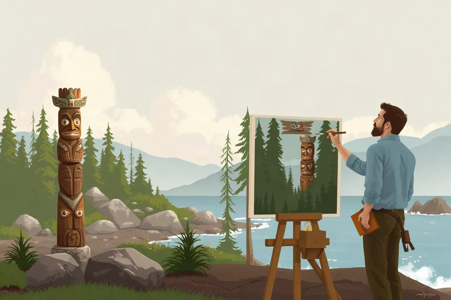 Illustration of an artist painting a totem pole and forest landscape on an easel, Pacific Northwest coastal scenery, post-impressionist style