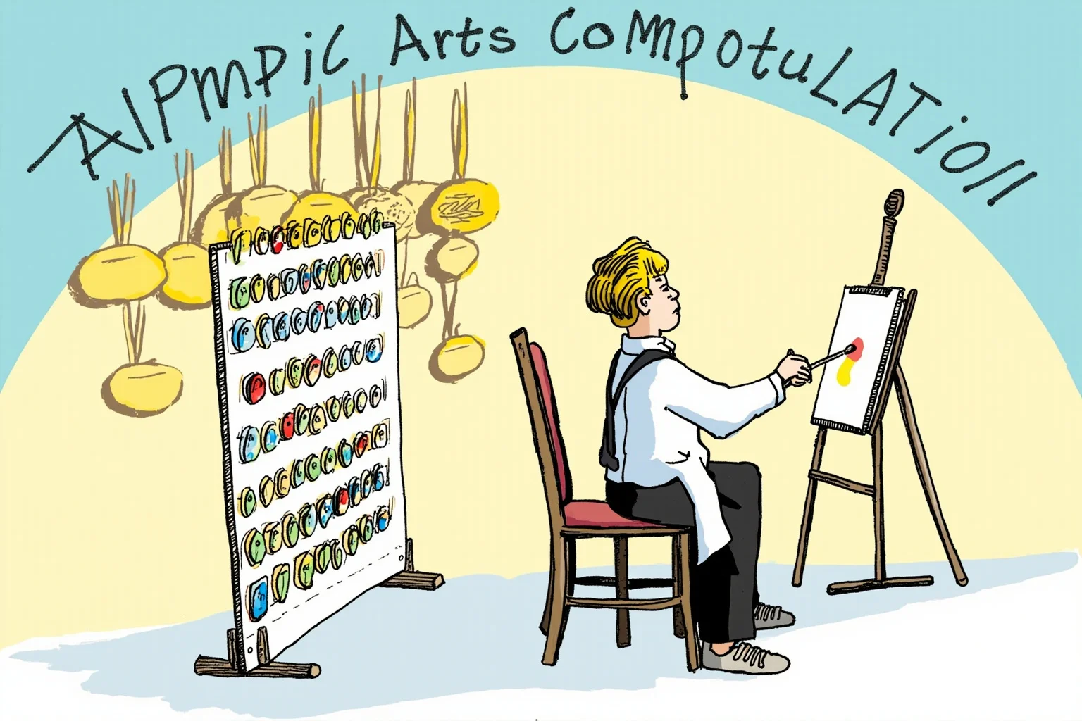 23 Olympic Sports That Don't Exist Anymore (And Why They Vanished) 20 Illustration of an artist painting at an easel beside a display of medals, symbolizing Olympic art competitions