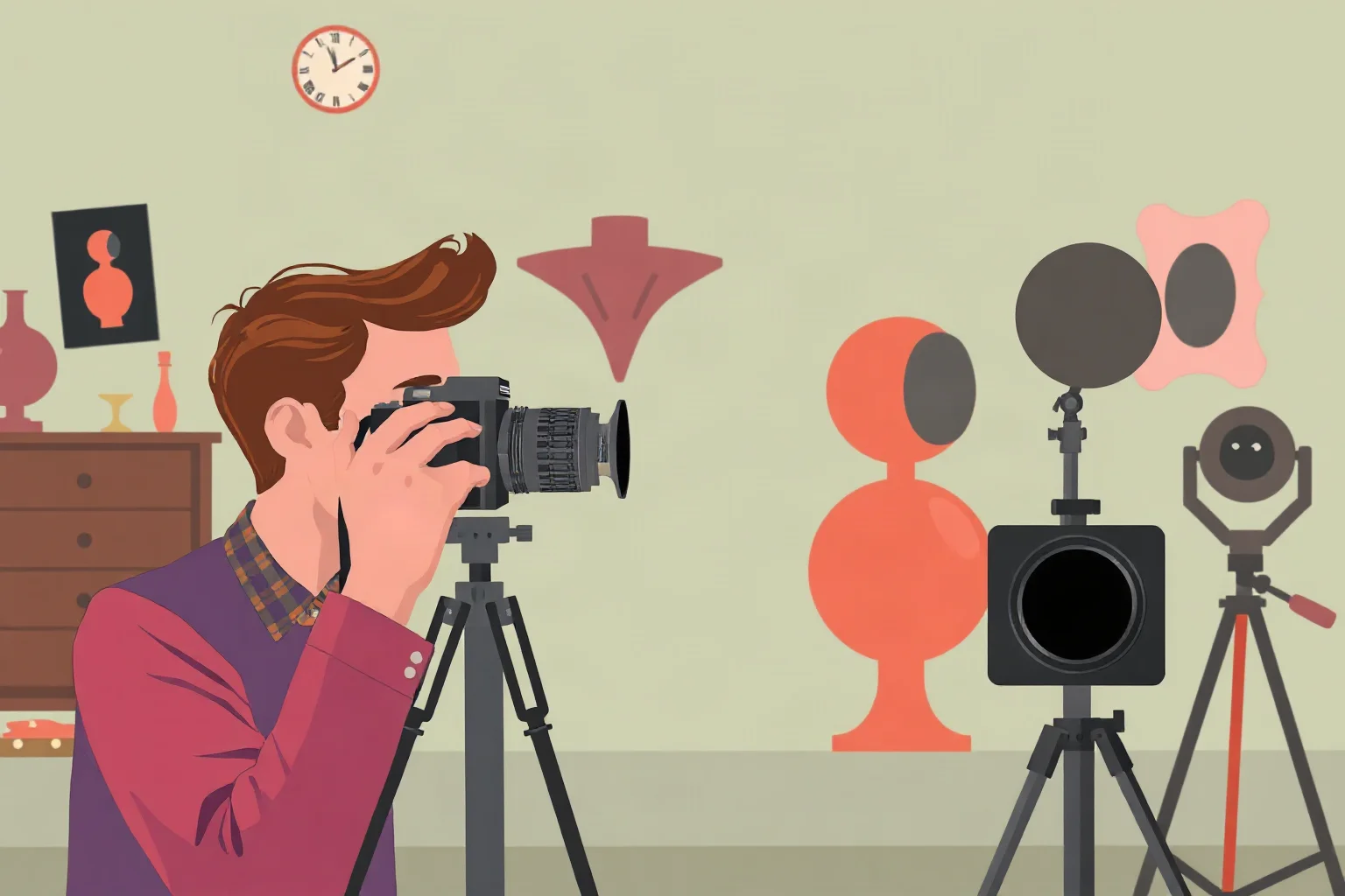 Illustration of an artist with a vintage camera photographing abstract shapes in a Paris studio, Dada-Surrealist style