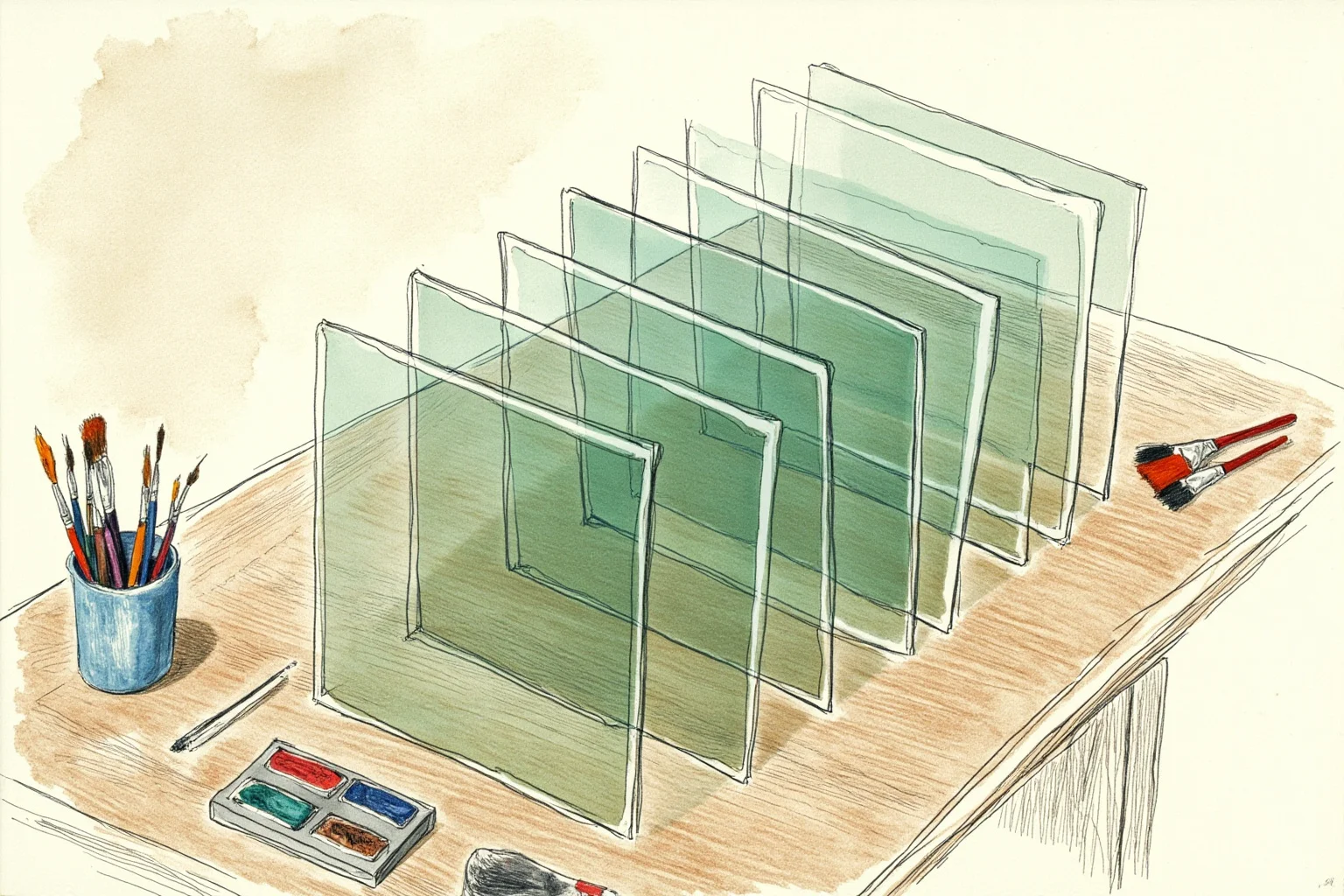 Walt Disney: 10 Controversies That Haunt Him & 10 Ways He Changed the World 16 Illustration of an artist's desk with layered glass panels and paintbrushes, representing multiplane animation technique