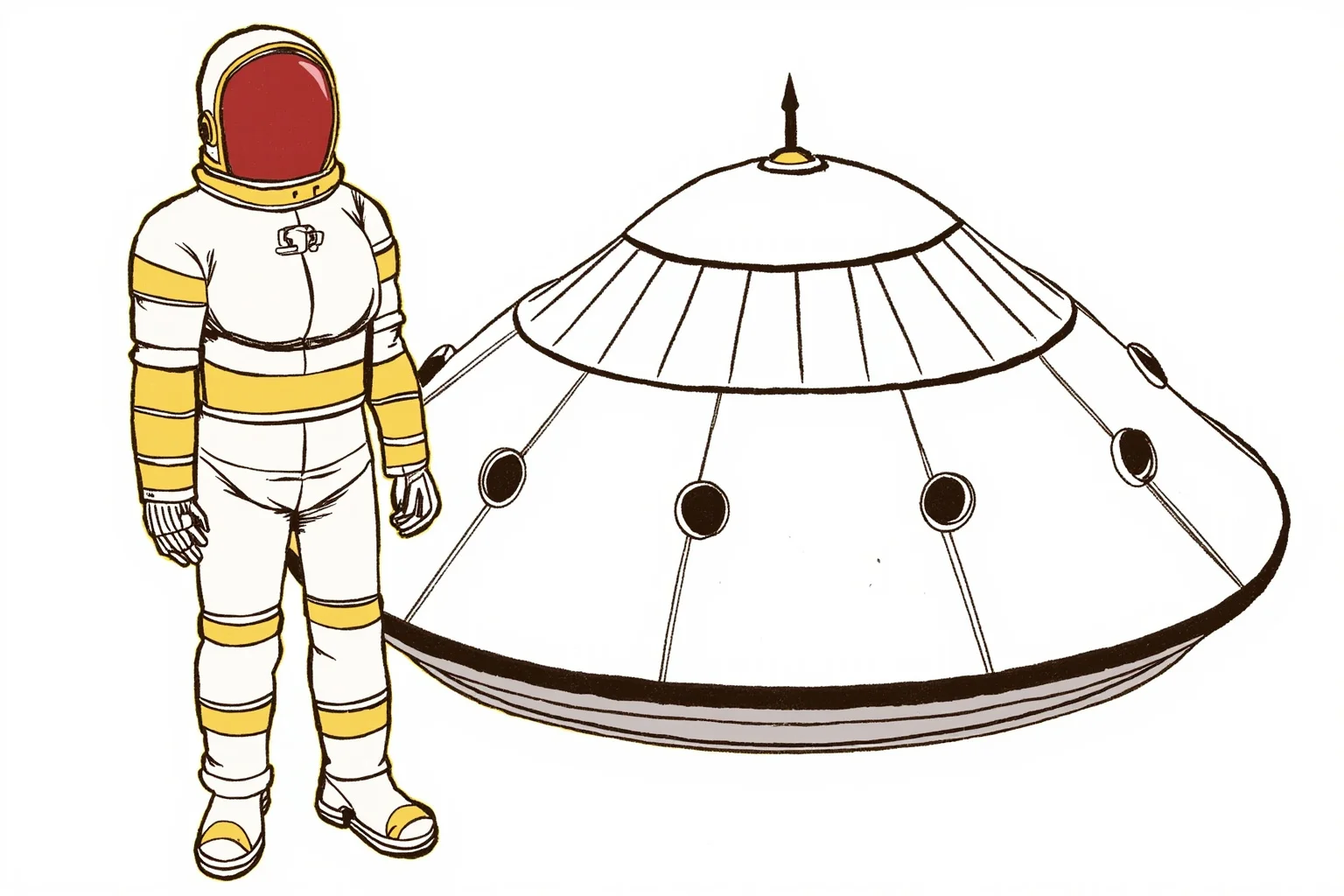 Illustration of an Asian astronaut in a white and yellow spacesuit standing beside a Chinese Shenzhou spacecraft capsule
