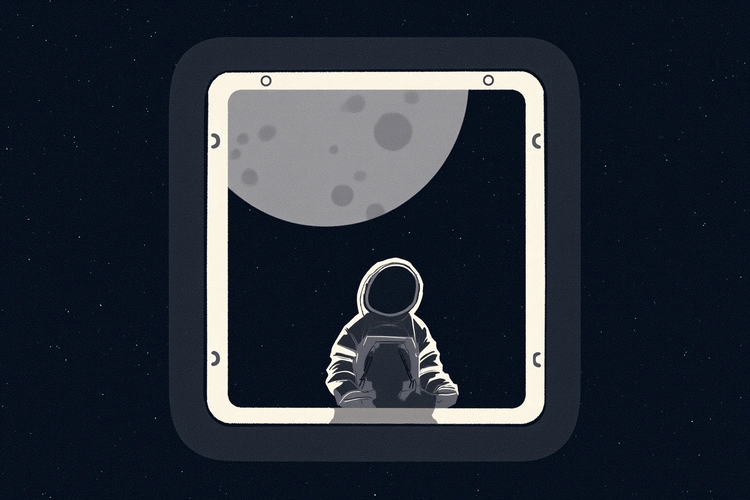 Illustration of an astronaut alone inside a small command module spacecraft window, looking out at the curve of the Moon below
