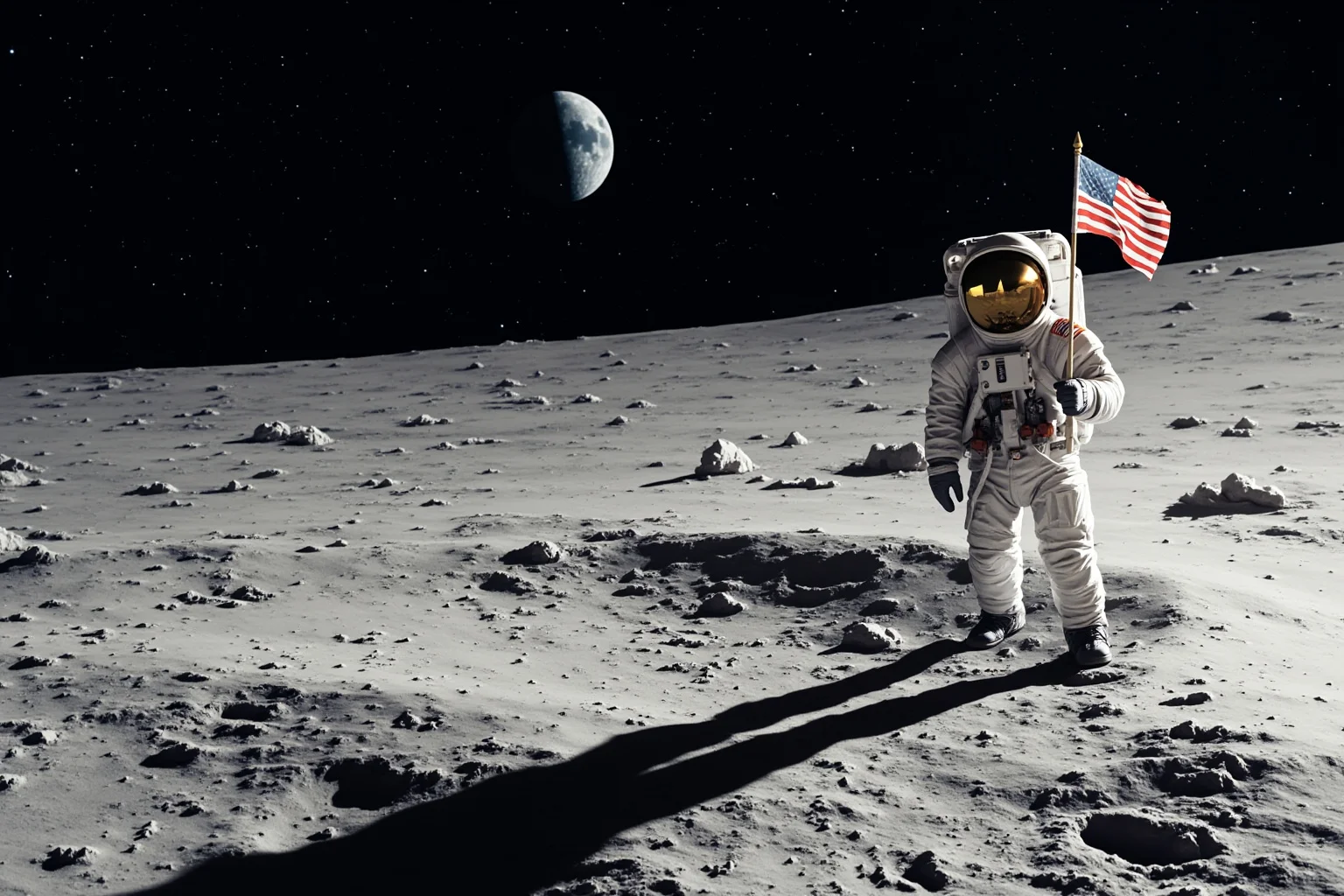 Facts About The Space Race: 25 Things Everyone Gets Wrong (or Right) 15 Illustration of an astronaut figure standing on a gray cratered lunar surface with a flag, non-photorealistic and generic