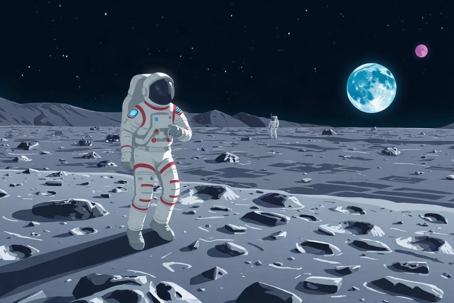 Illustration of an astronaut in a full space suit standing on a cratered lunar surface with Earth visible in the sky