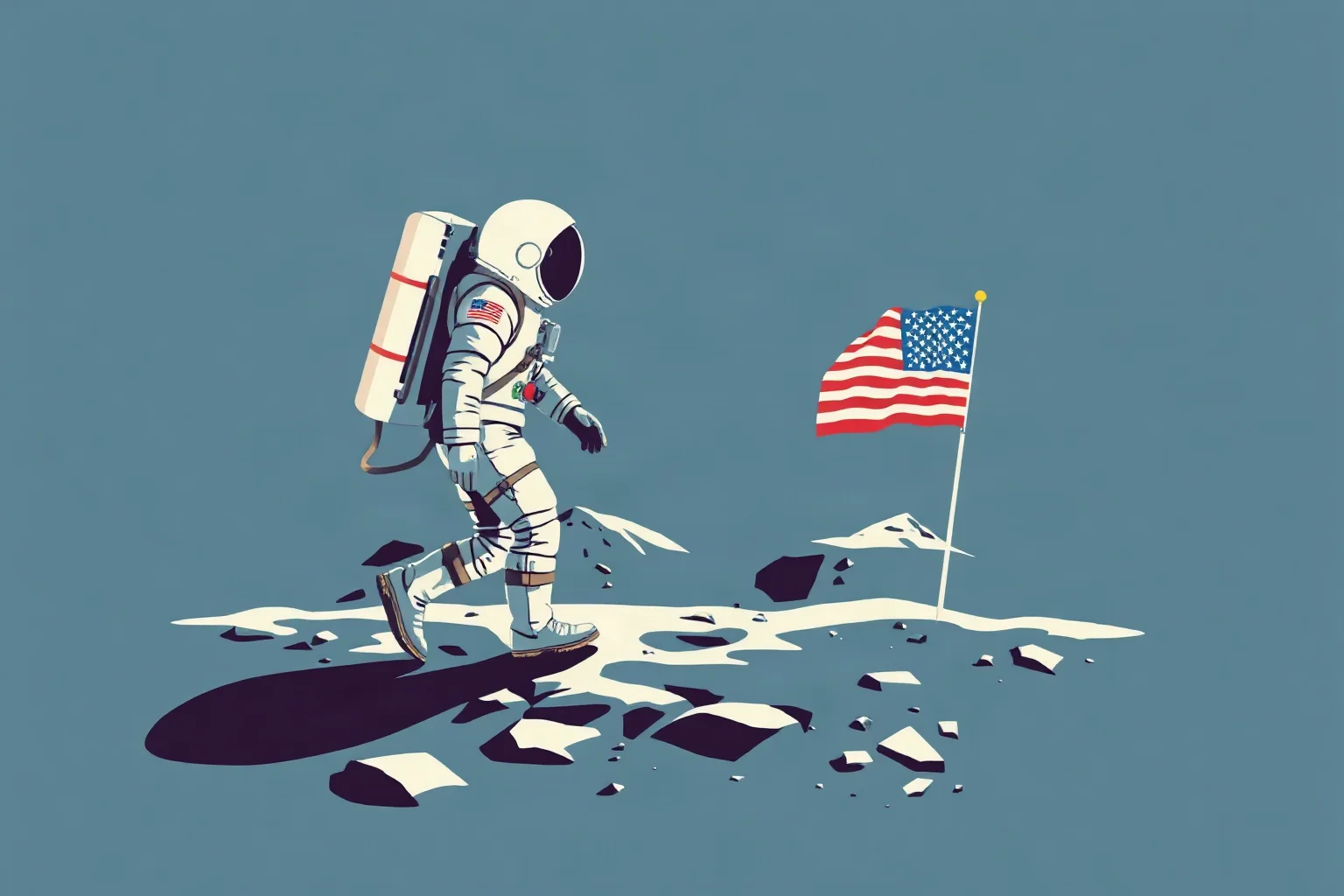 Illustration of an astronaut in a full spacesuit walking on a cratered lunar surface with an American flag planted nearby, retro space-age poster style
