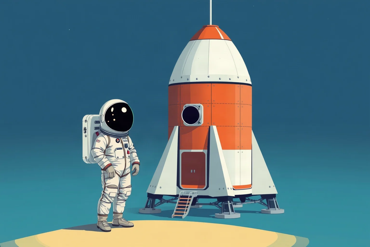 Illustration of an astronaut in a silver space suit standing beside a 1960s-style space capsule on a launch pad