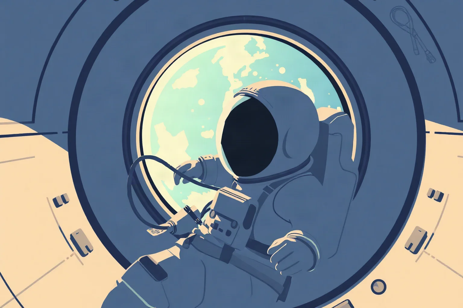 Illustration of an astronaut in a space suit floating near a shuttle window looking at Earth, clean vector space-art style