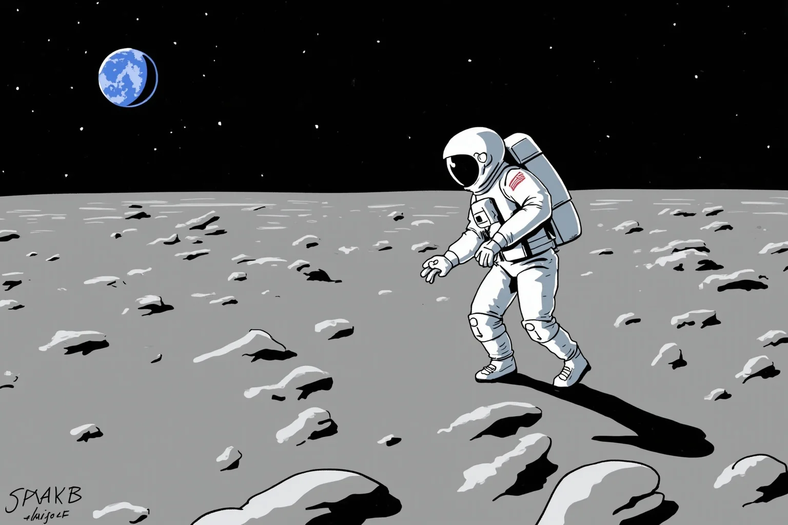 Illustration of an astronaut in a white NASA-style spacesuit taking a step onto a gray, cratered lunar surface with Earth visible in the black sky