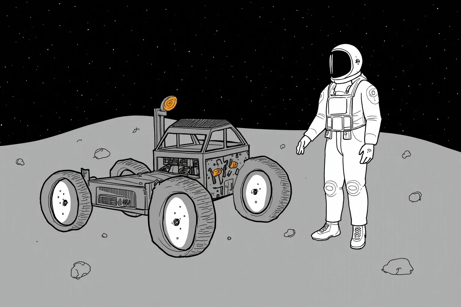 Illustration of an astronaut in a white spacesuit standing on the gray lunar surface beside a lunar rover buggy