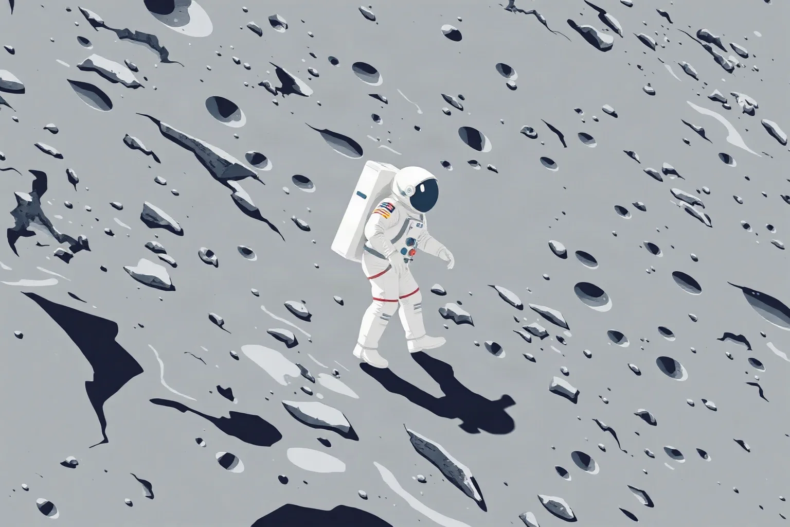 Illustration of an astronaut in a white spacesuit taking a step onto a gray, cratered lunar surface