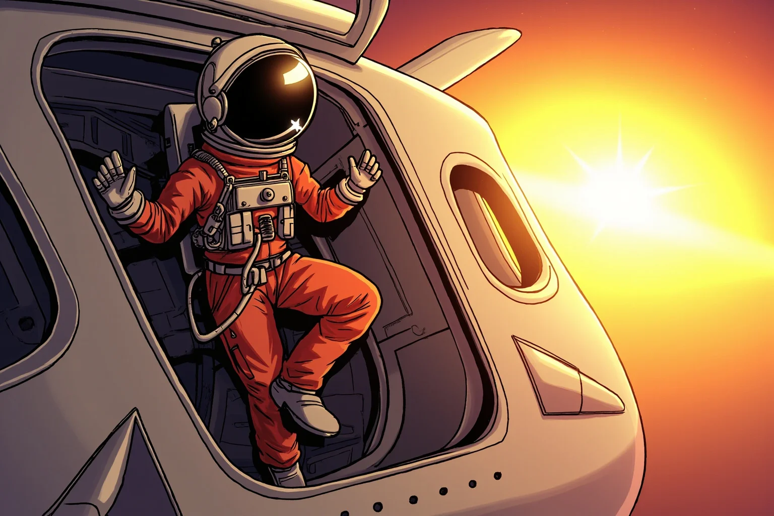 Illustration of an astronaut in an orange flight suit exiting a space shuttle hatch, sunrise glow in the background